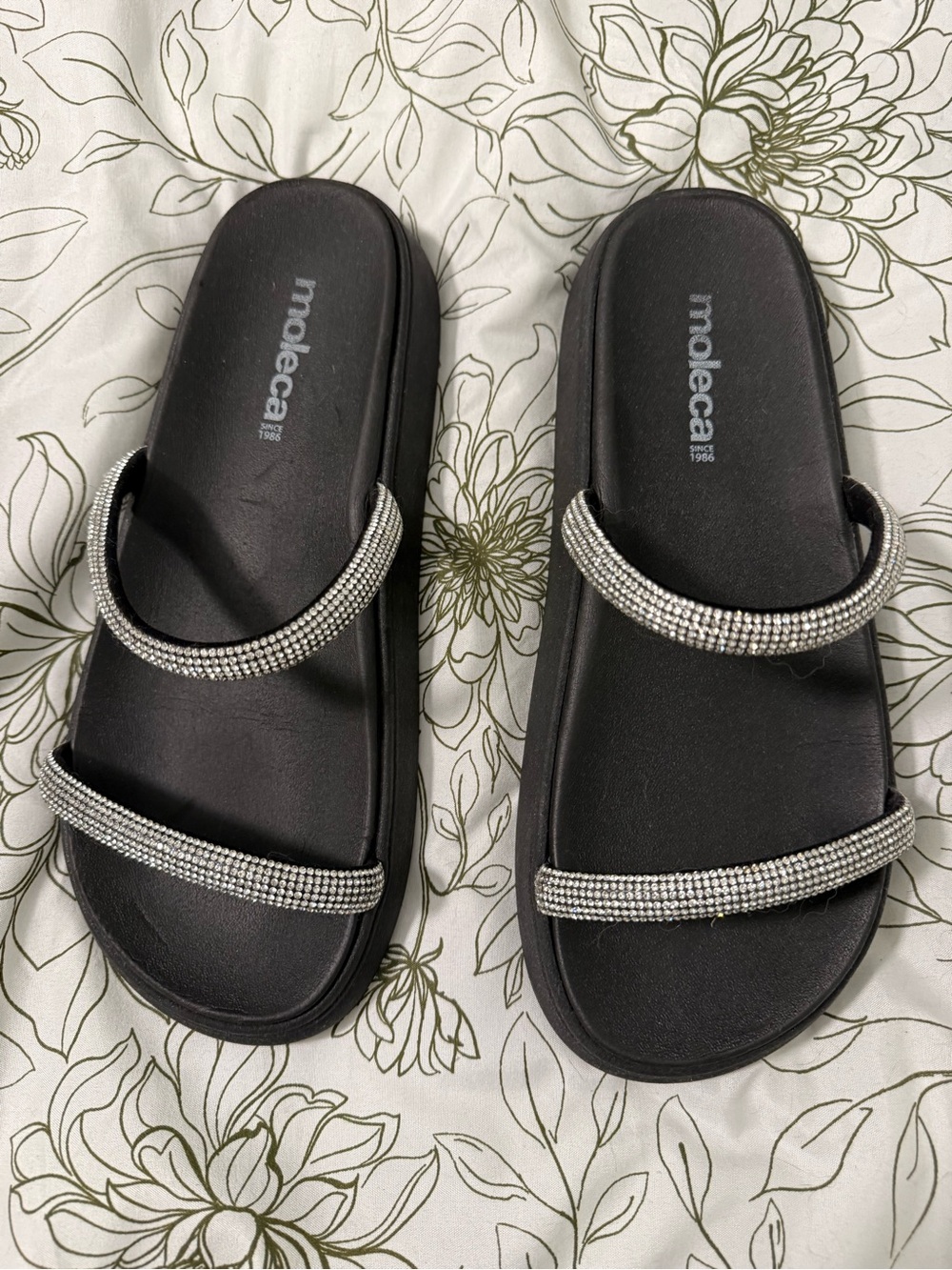 Moleca Black Slide Sandals with Silver Crystal Straps